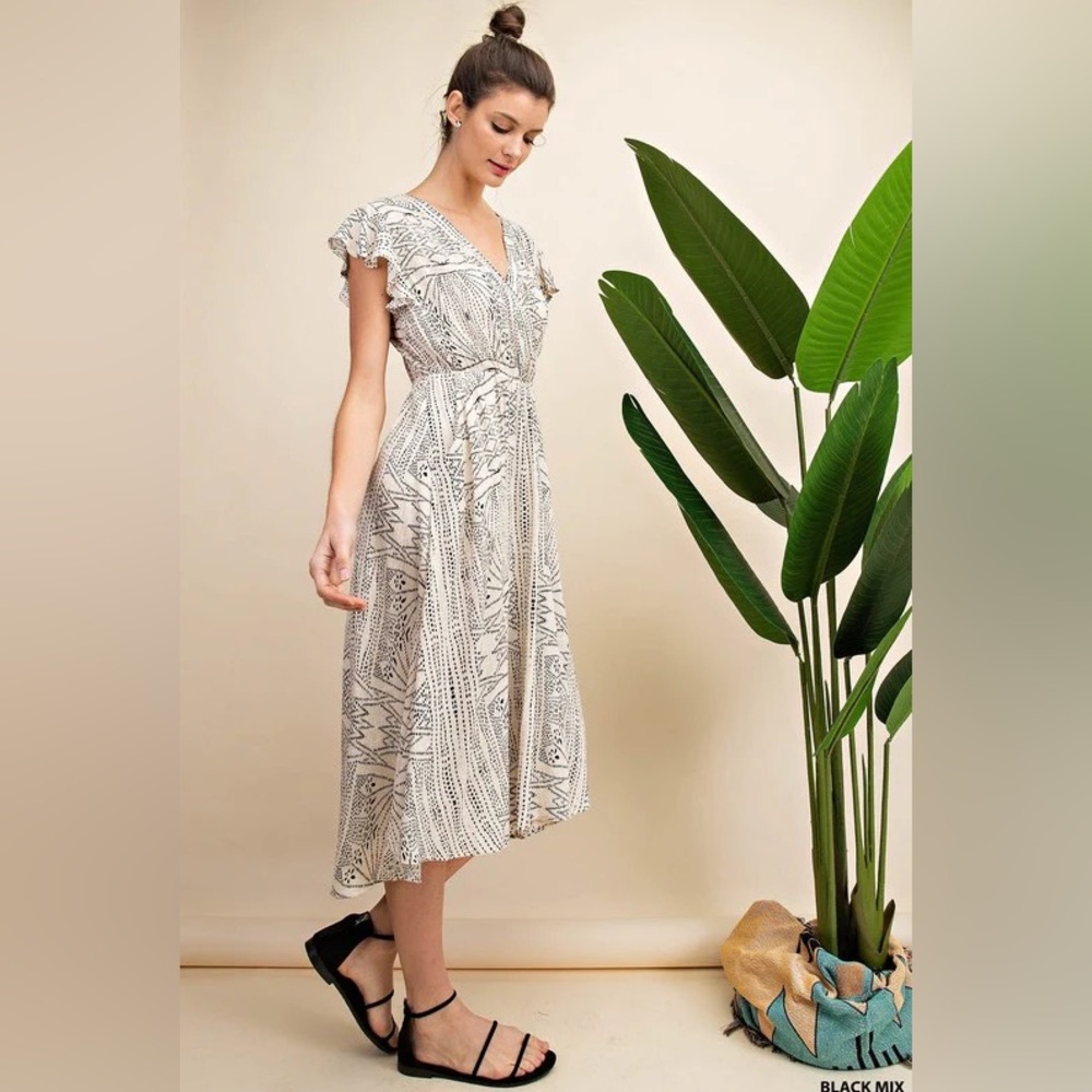 Kori White and Blue Midi Sundress with V-Neck